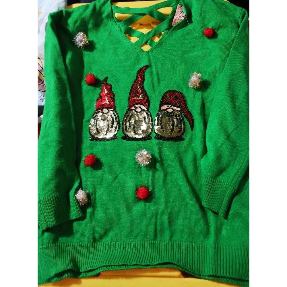 NEW Poof Junior's Sequin Gnome Ugly Christmas Sweater,‎ Large
